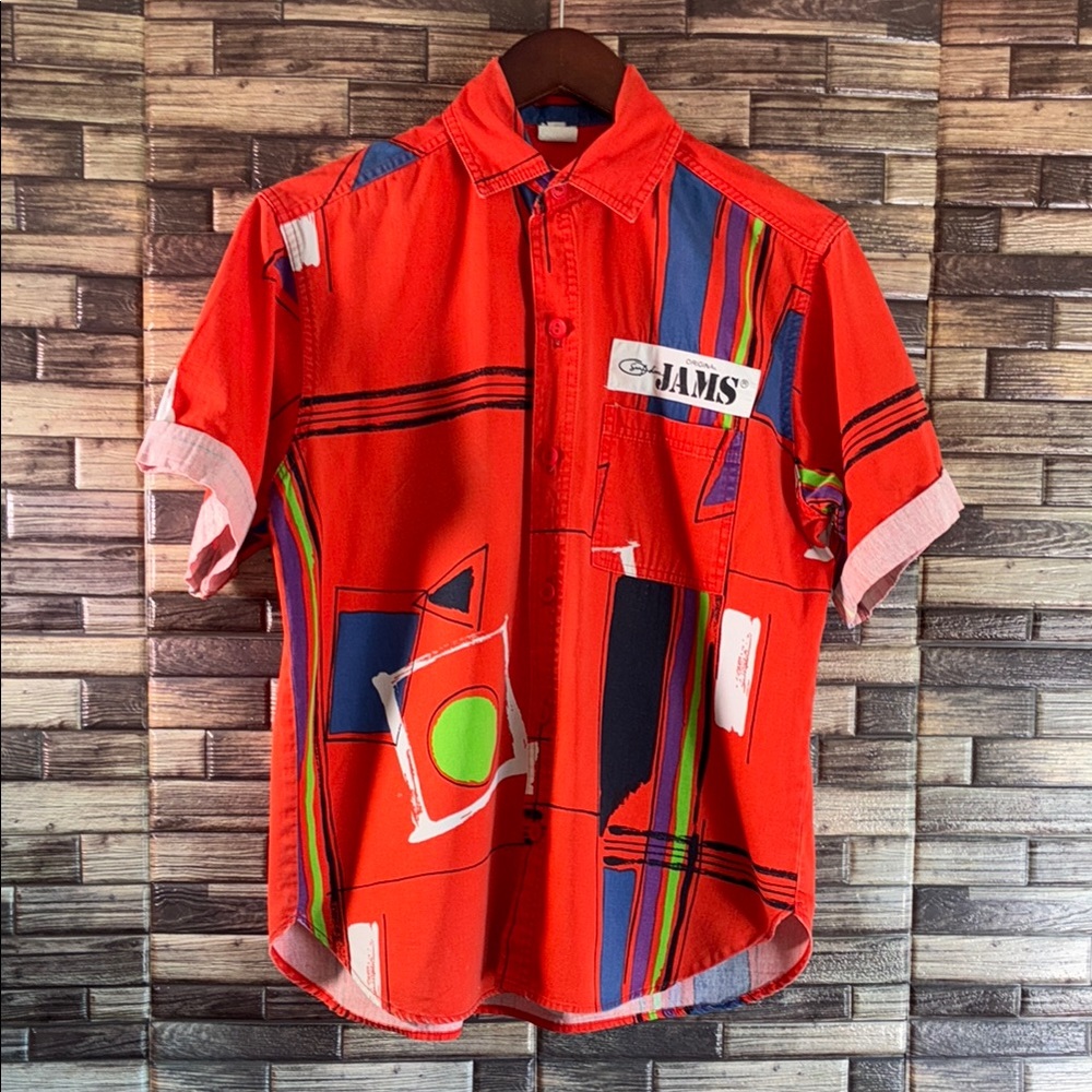 Vintage Jams World Surf Line Hawaiian Shirt Red Button Up  Mens Medium